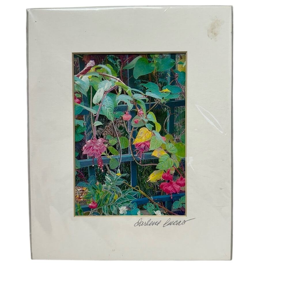 Darlene Lucas Signed Colorful Window & Flowers Art Print Matted No Frame 8 x 10